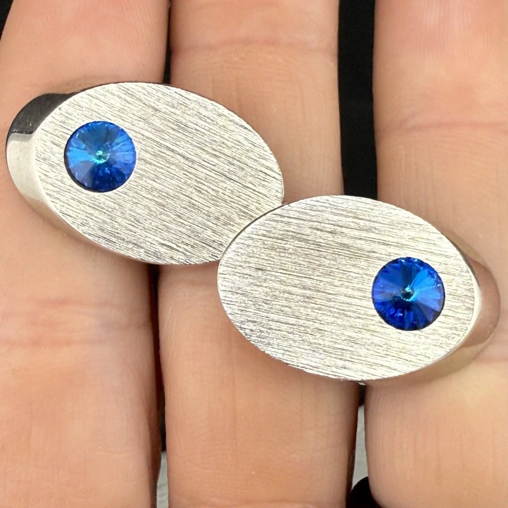 Vintage‎ Cuff Links Blue Rhinestone Silver Tone